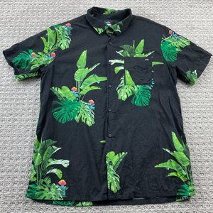 Billabong Gallery Hawaiian Shirt Men Medium M Black Green Floral Button Up Beach